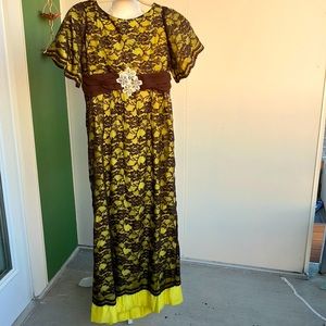 Vintage 40s 50s Brown and Yellow Lace Maxi Dress